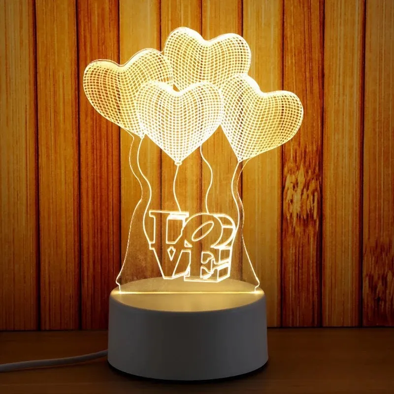 Creative electronic night light with acrylic light board showing USB cable, touch control, and three colour modes on a bedside table