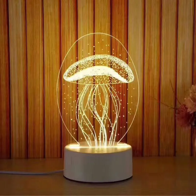 Creative electronic night light with acrylic light board showing USB cable, touch control, and three colour modes on a bedside table