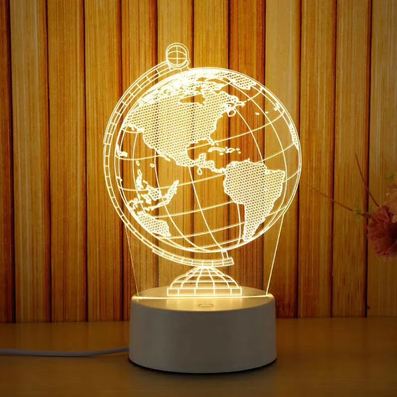 Creative electronic night light with acrylic light board showing USB cable, touch control, and three colour modes on a bedside table