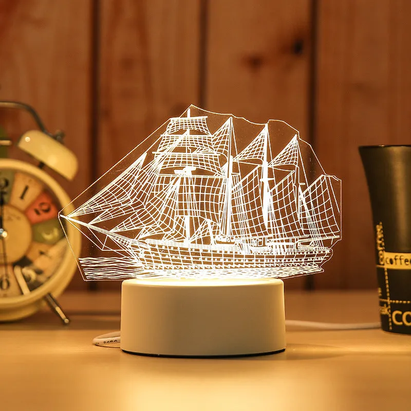 Creative electronic night light with acrylic light board showing USB cable, touch control, and three colour modes on a bedside table