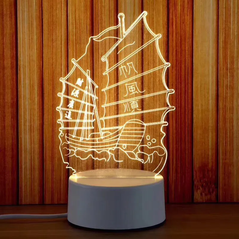 Creative electronic night light with acrylic light board showing USB cable, touch control, and three colour modes on a bedside table
