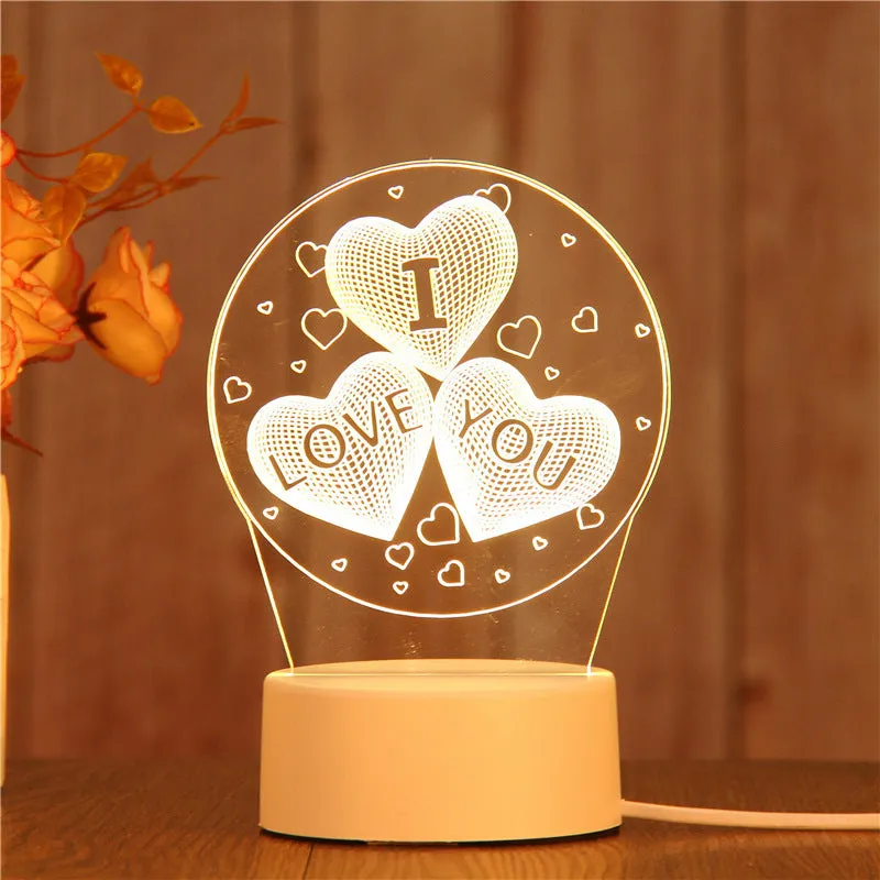 Creative electronic night light with acrylic light board showing USB cable, touch control, and three colour modes on a bedside table