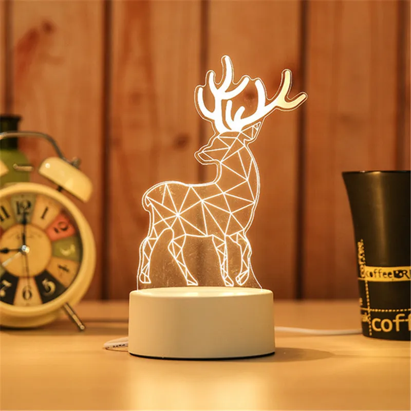 Creative electronic night light with acrylic light board showing USB cable, touch control, and three colour modes on a bedside table