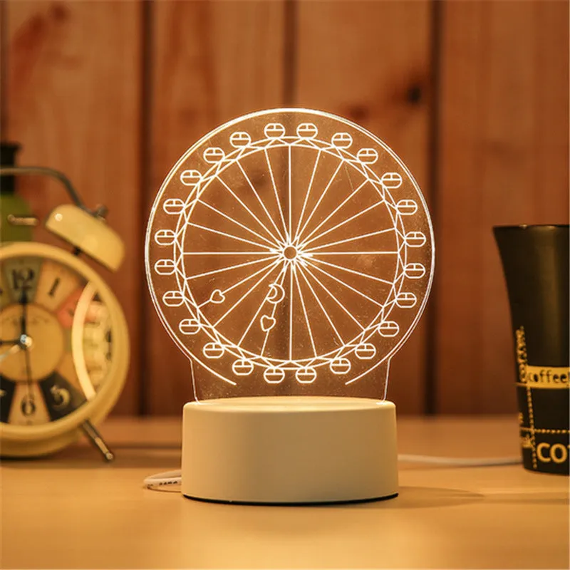 Creative electronic night light with acrylic light board showing USB cable, touch control, and three colour modes on a bedside table