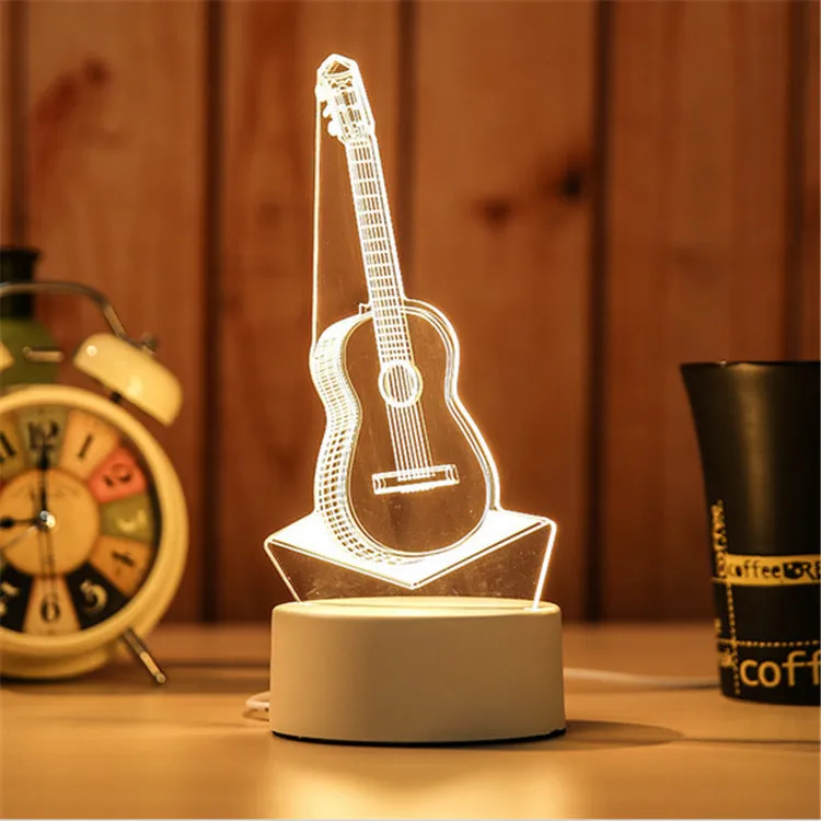 Creative electronic night light with acrylic light board showing USB cable, touch control, and three colour modes on a bedside table