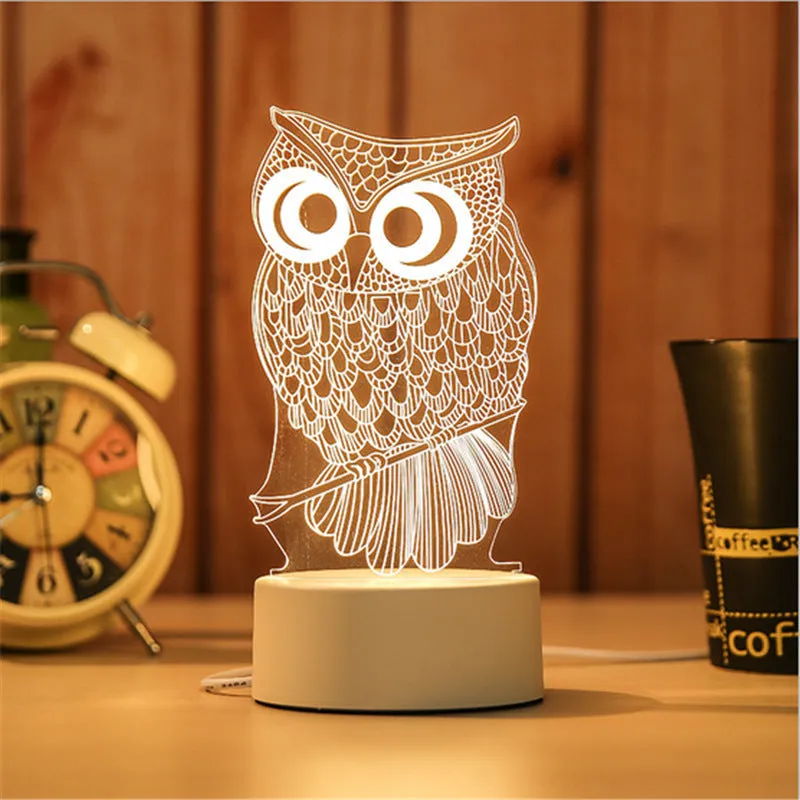 Creative electronic night light with acrylic light board showing USB cable, touch control, and three colour modes on a bedside table