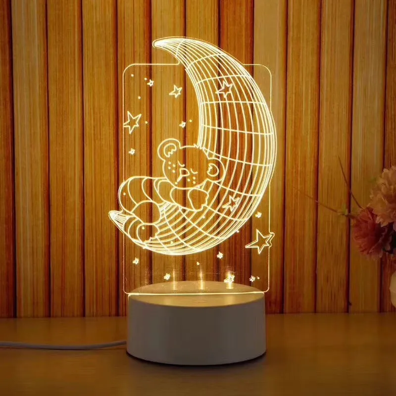 Creative electronic night light with acrylic light board showing USB cable, touch control, and three colour modes on a bedside table