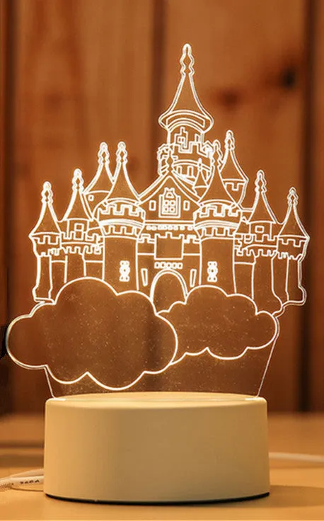 Creative electronic night light with acrylic light board showing USB cable, touch control, and three colour modes on a bedside table
