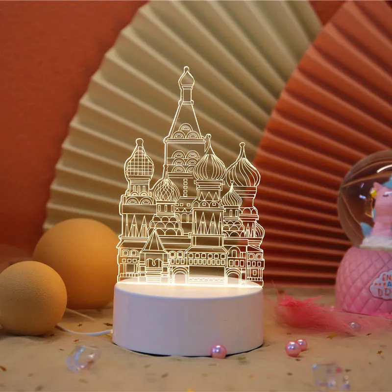 Creative electronic night light with acrylic light board showing USB cable, touch control, and three colour modes on a bedside table