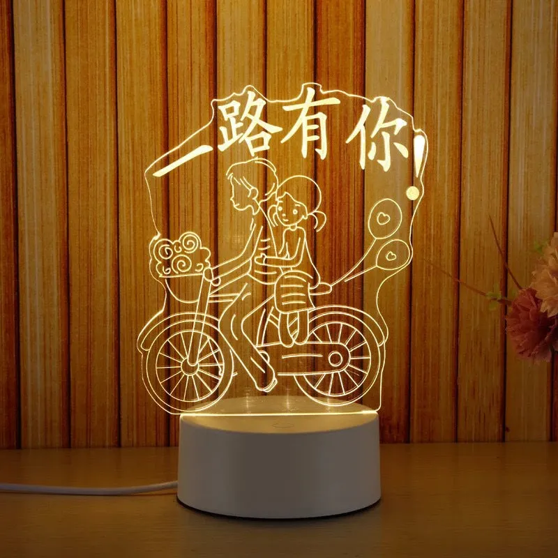 Creative electronic night light with acrylic light board showing USB cable, touch control, and three colour modes on a bedside table