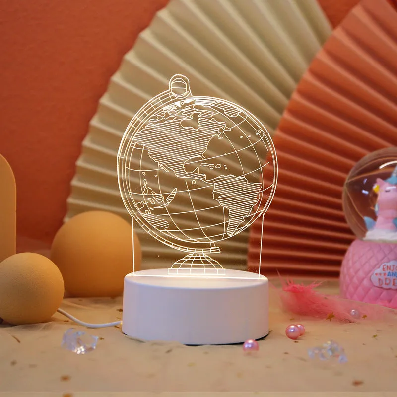 Creative electronic night light with acrylic light board showing USB cable, touch control, and three colour modes on a bedside table
