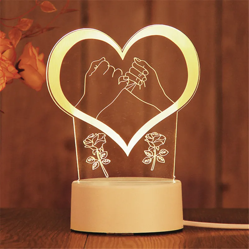 Creative electronic night light with acrylic light board showing USB cable, touch control, and three colour modes on a bedside table