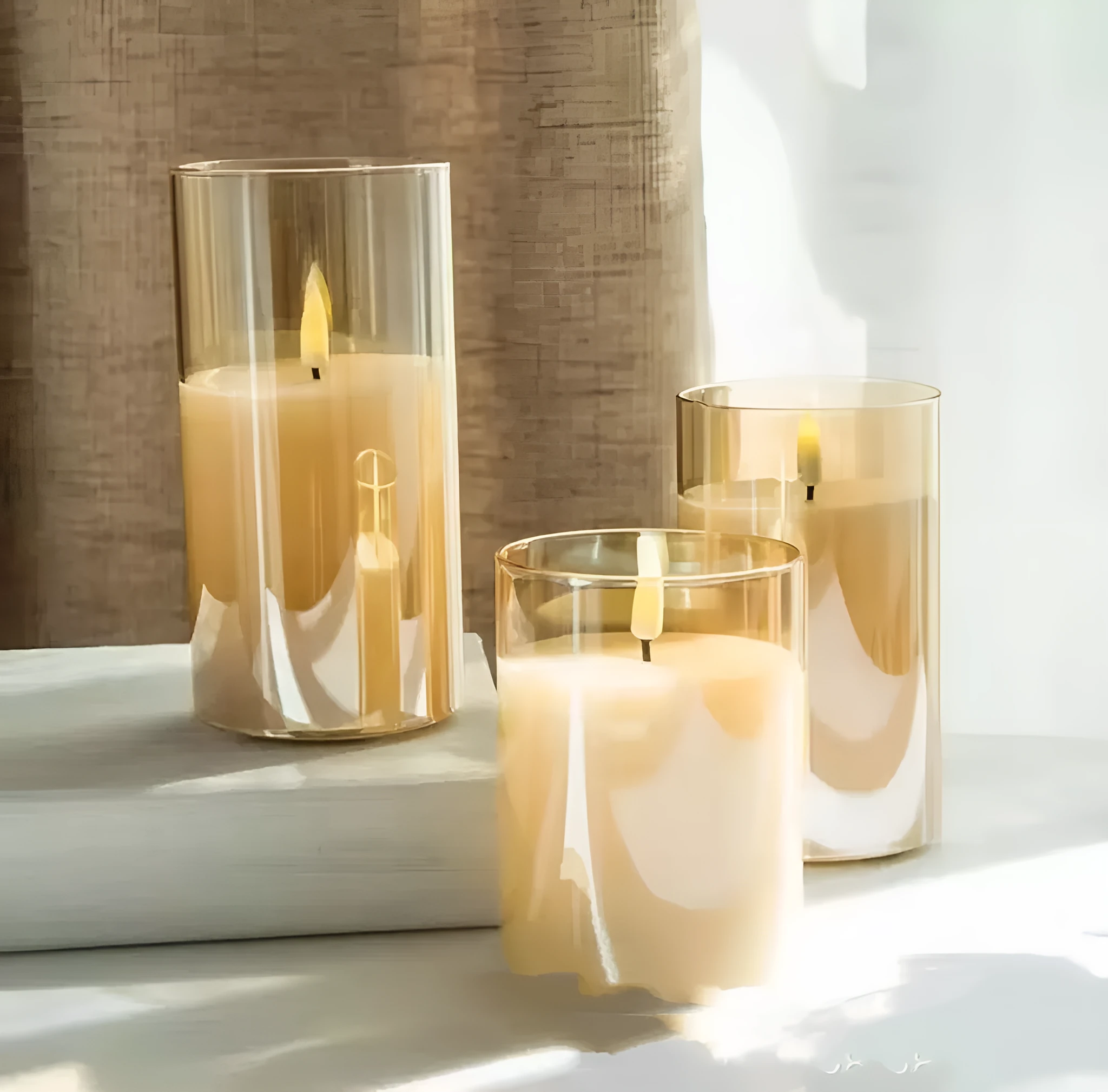 Set of three LED electronic candle lights in gold, gray, and white electroplated glass, sizes 7.5x10cm, 7.5x12.5cm, 7.5x15cm, with a remote control and USB cable.