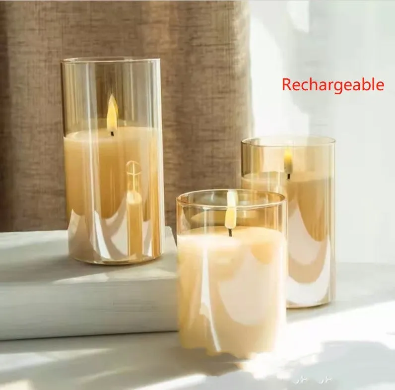 Set of three LED electronic candle lights in gold, gray, and white electroplated glass, sizes 7.5x10cm, 7.5x12.5cm, 7.5x15cm, with a remote control and USB cable.