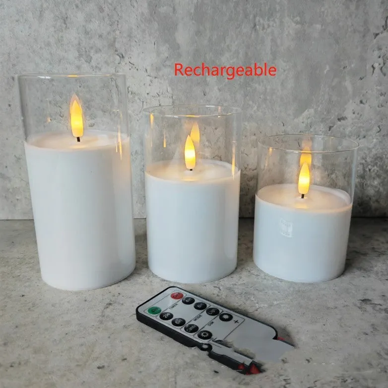 Set of three LED electronic candle lights in gold, gray, and white electroplated glass, sizes 7.5x10cm, 7.5x12.5cm, 7.5x15cm, with a remote control and USB cable.