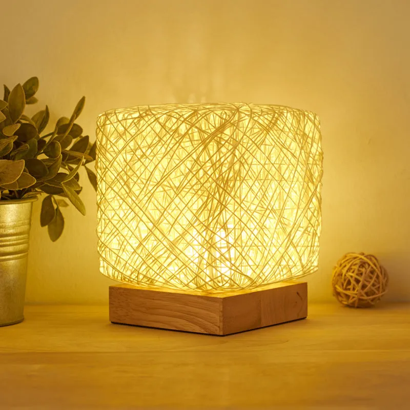 Hand-knit rattan square LED desk lamp with wood base and USB charging, beige colour
