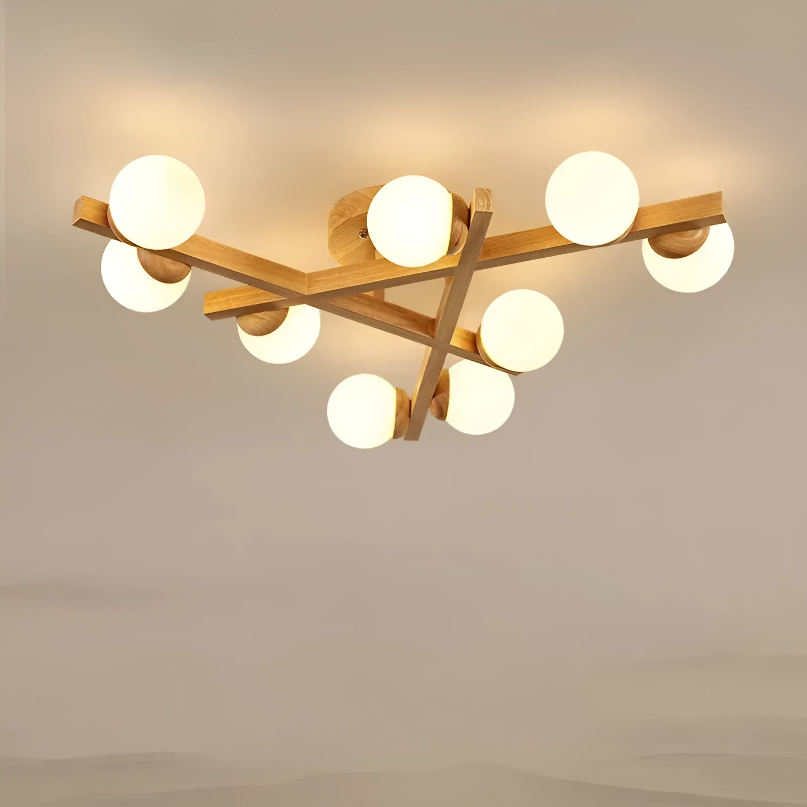 Nordic wooden-style ceiling light with three adjustable heads in a modern living room setting.