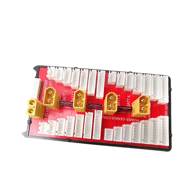 Red V2 parallel charge board with balance ports for charging four RC lithium battery packs at once.