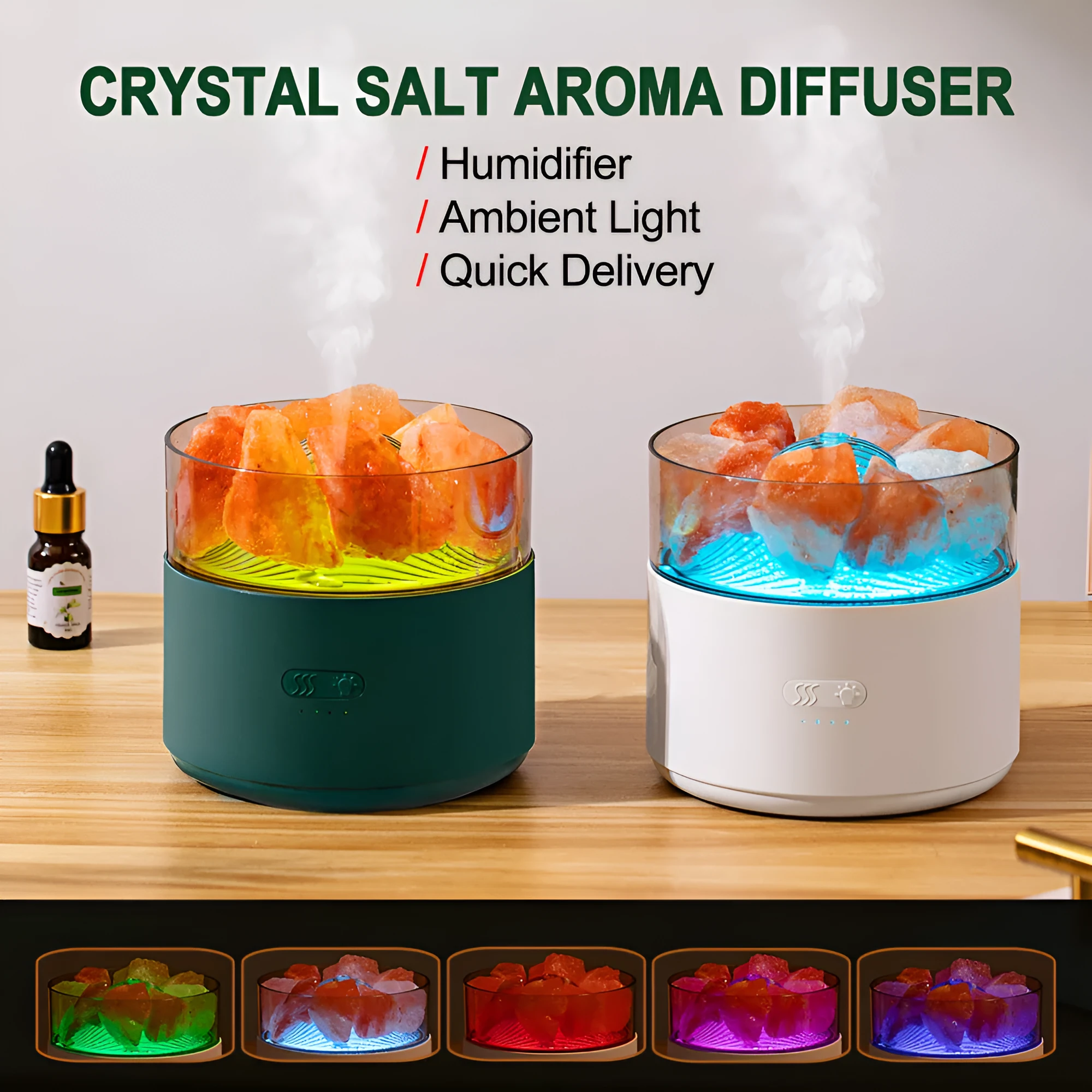 Cool-mist impeller humidifier with Himalayan salt crystal aroma diffuser and 7-colour LED night light in white