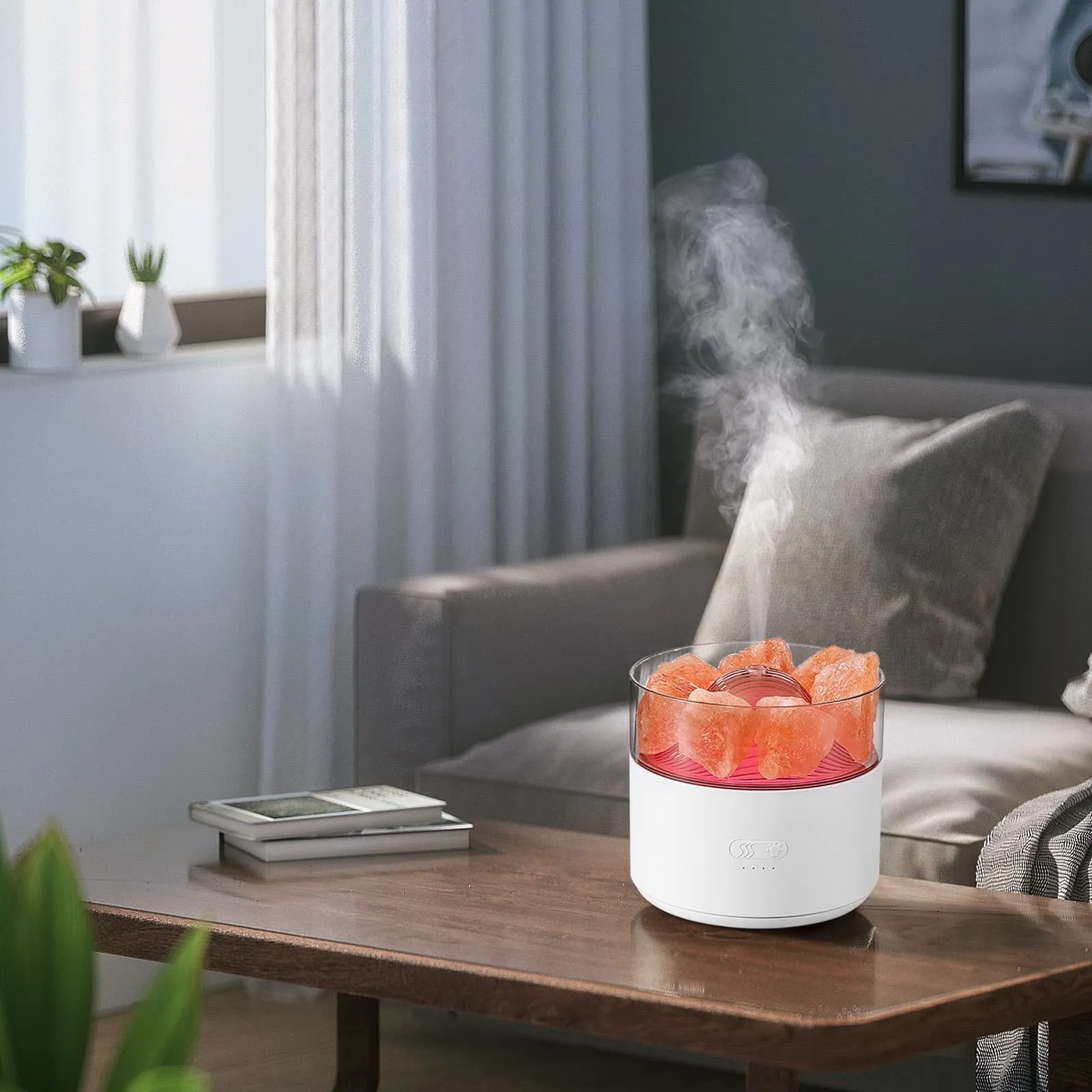 Cool-mist impeller humidifier with Himalayan salt crystal aroma diffuser and 7-colour LED night light in white
