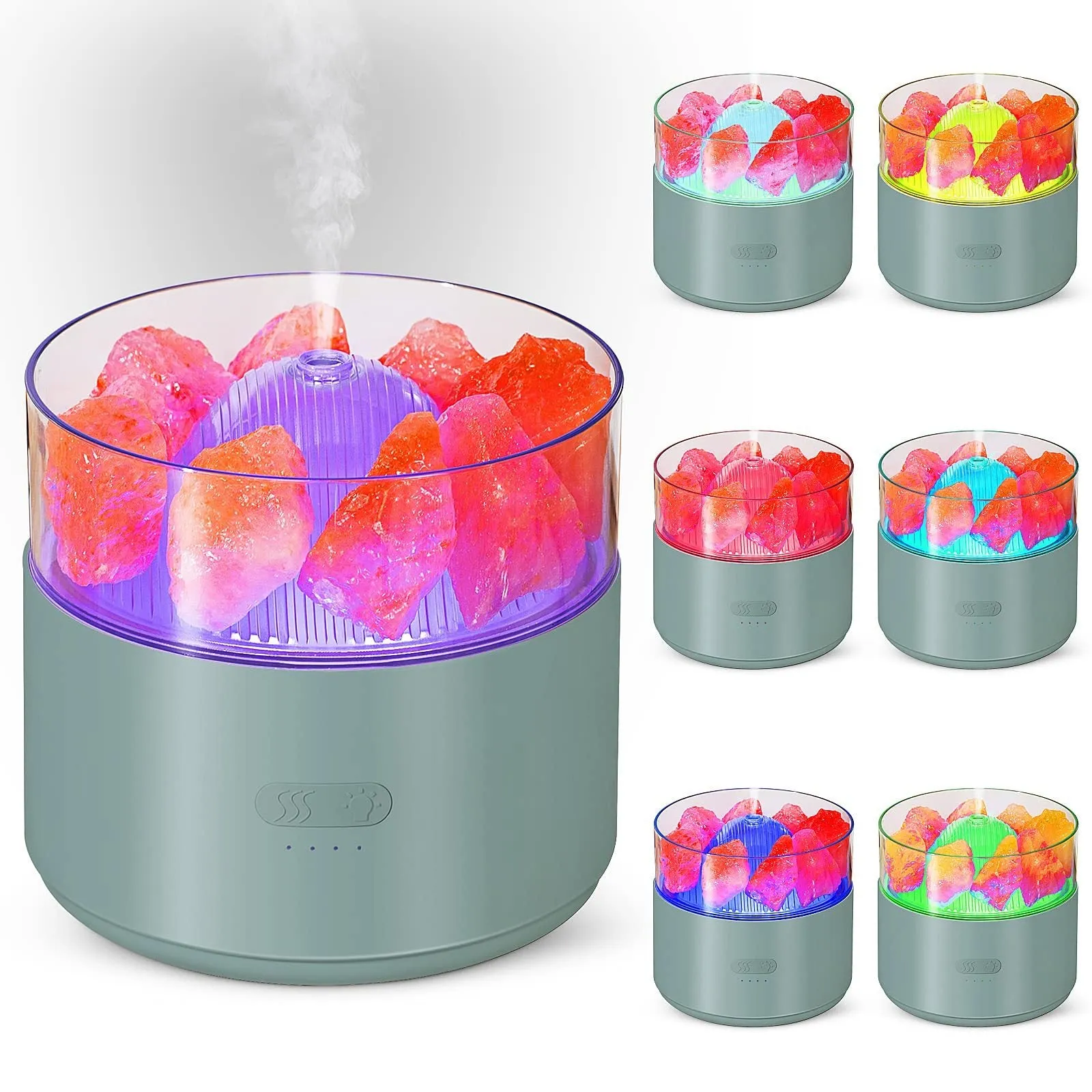 Cool-mist impeller humidifier with Himalayan salt crystal aroma diffuser and 7-colour LED night light in white