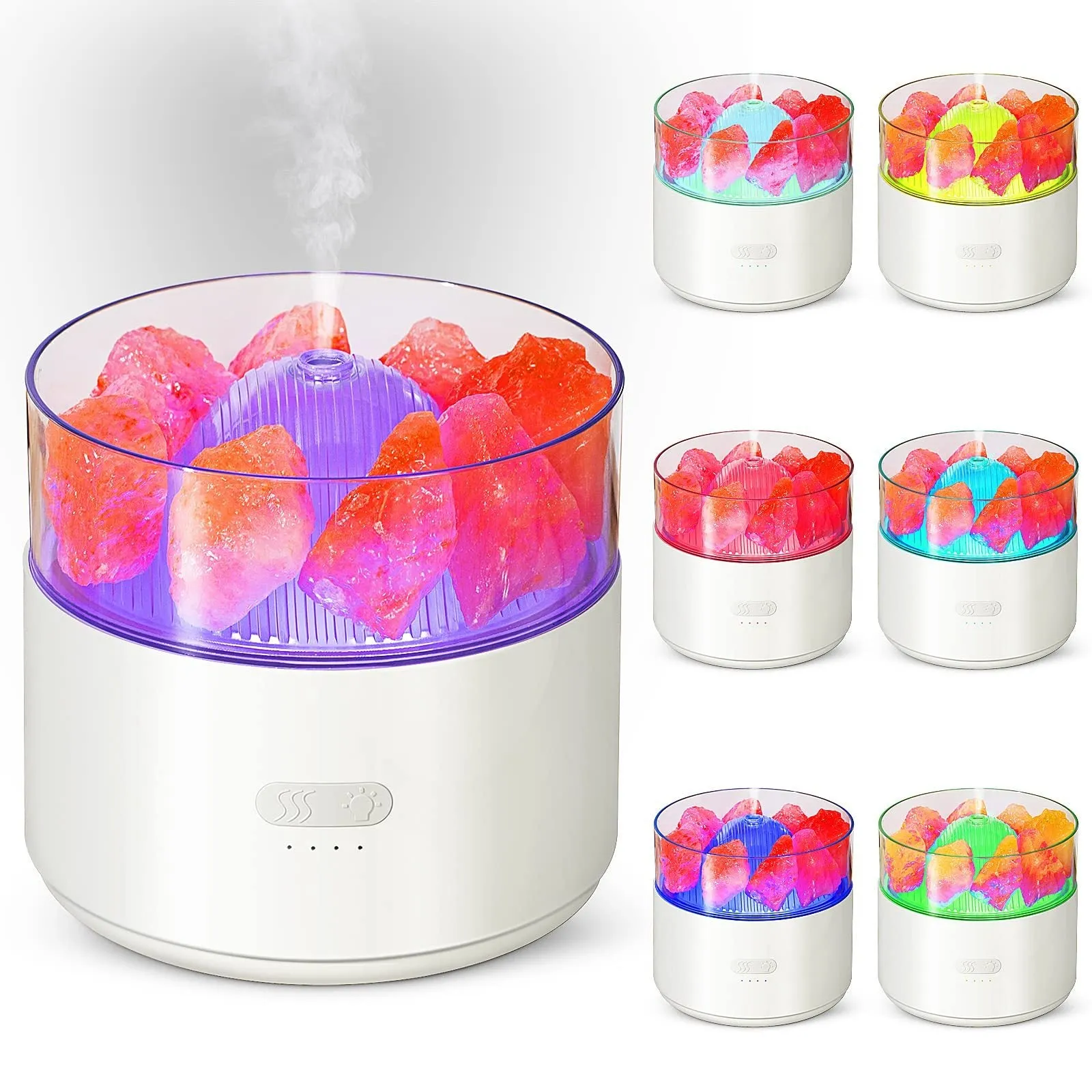Cool-mist impeller humidifier with Himalayan salt crystal aroma diffuser and 7-colour LED night light in white