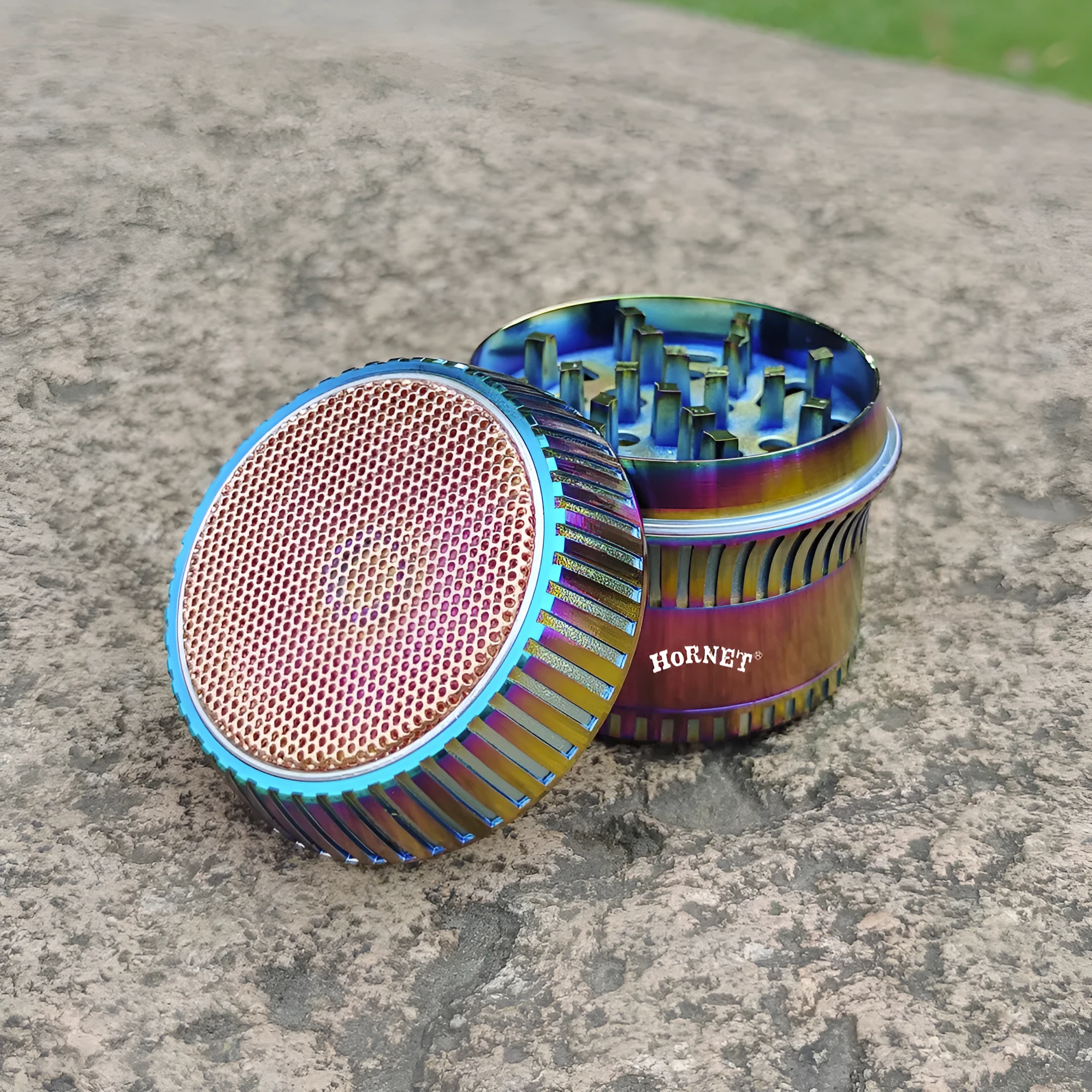 Creative mushroom-shaped zinc alloy metal smoke grinder with keychain and multi-functional tools on display