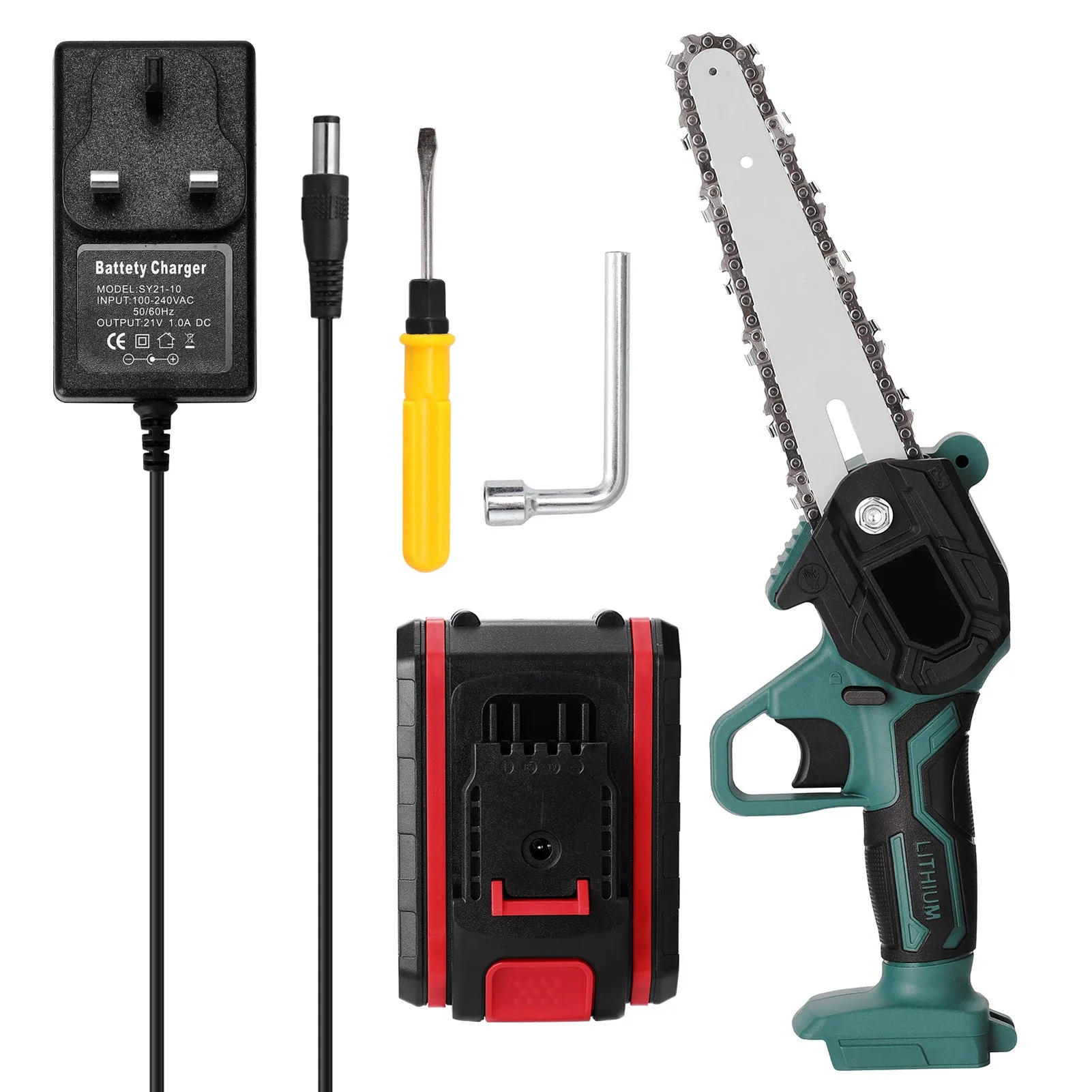 Black mini electric chainsaw with green accents, held in one hand, showing compact size and 4-inch guide bar.