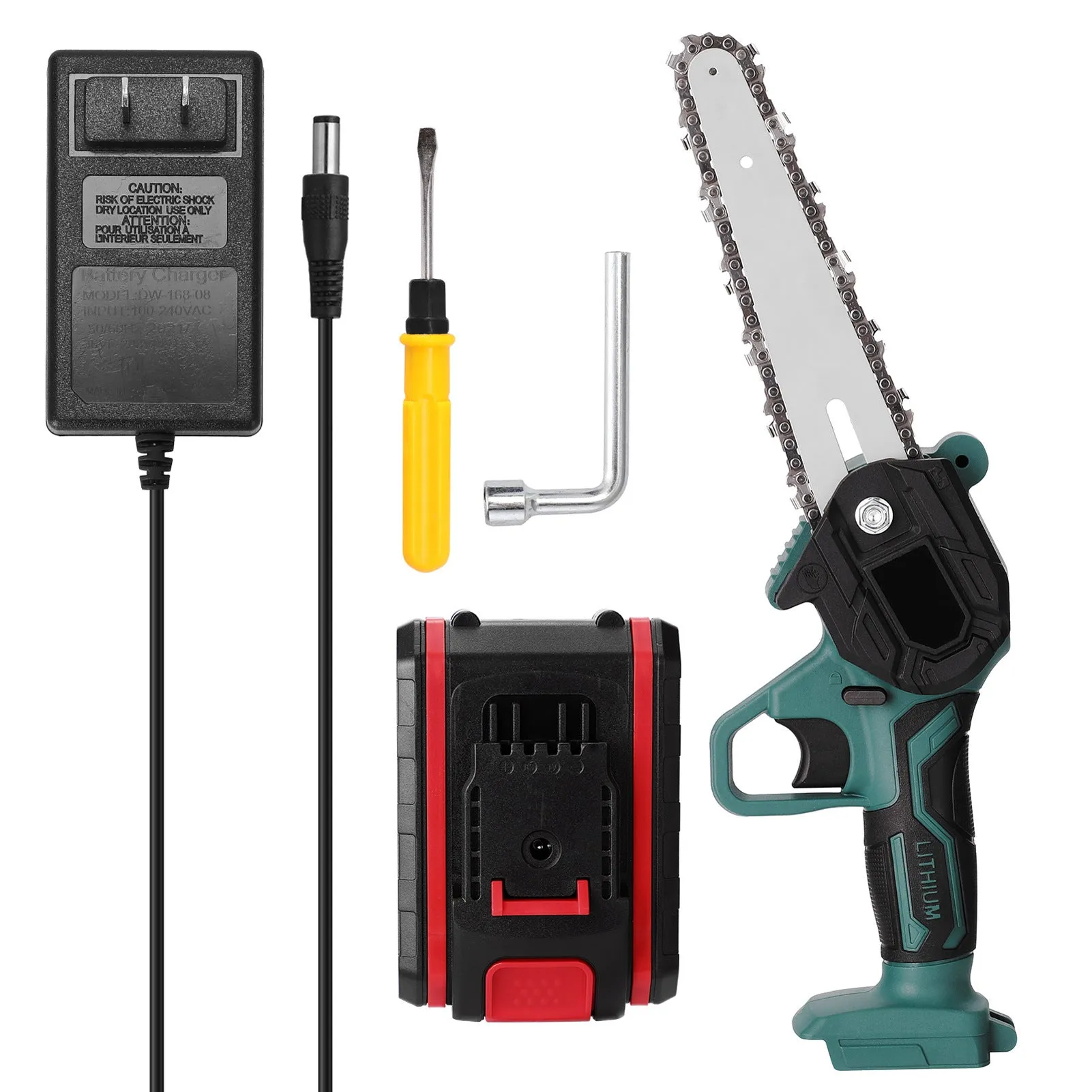 Black mini electric chainsaw with green accents, held in one hand, showing compact size and 4-inch guide bar.