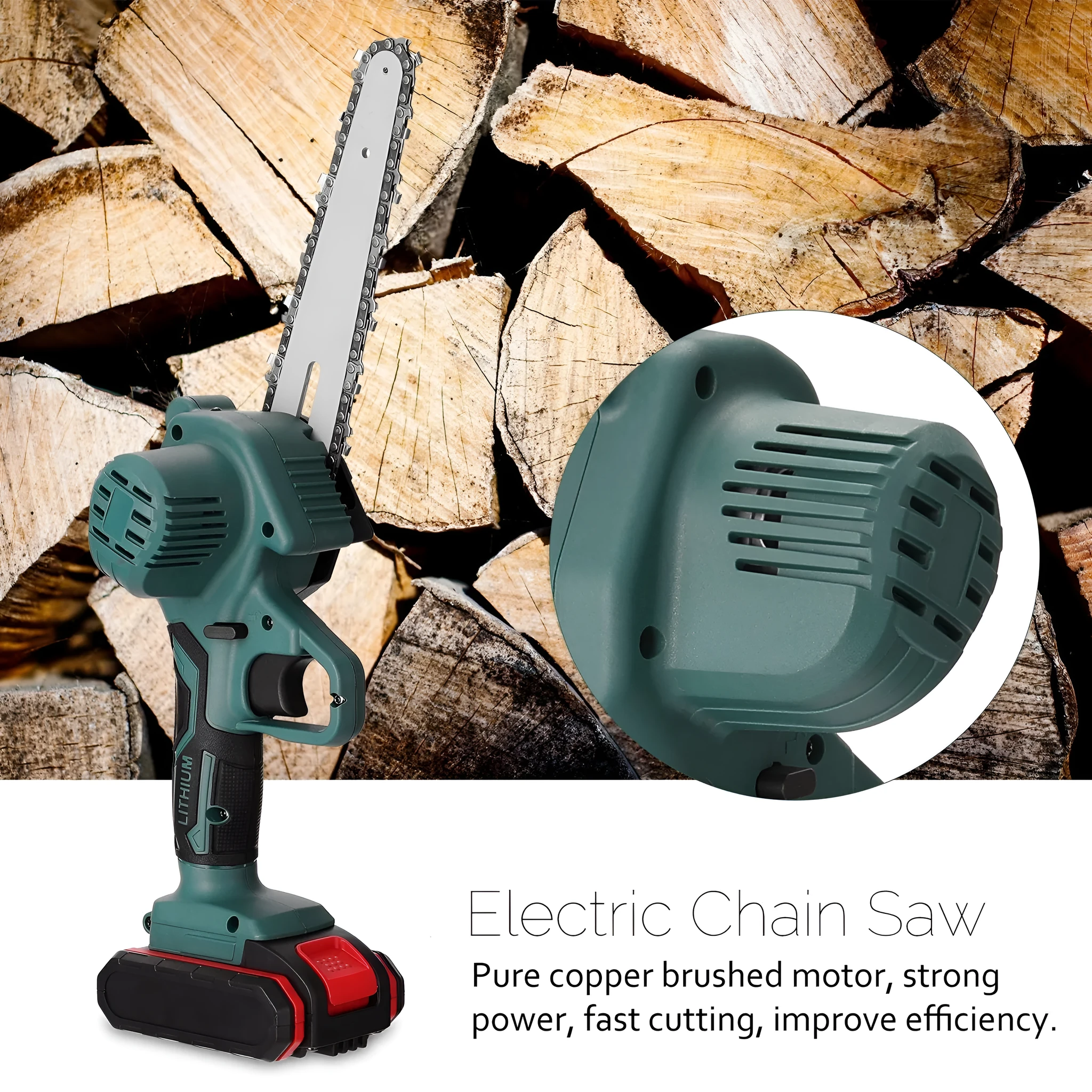 Black mini electric chainsaw with green accents, held in one hand, showing compact size and 4-inch guide bar.