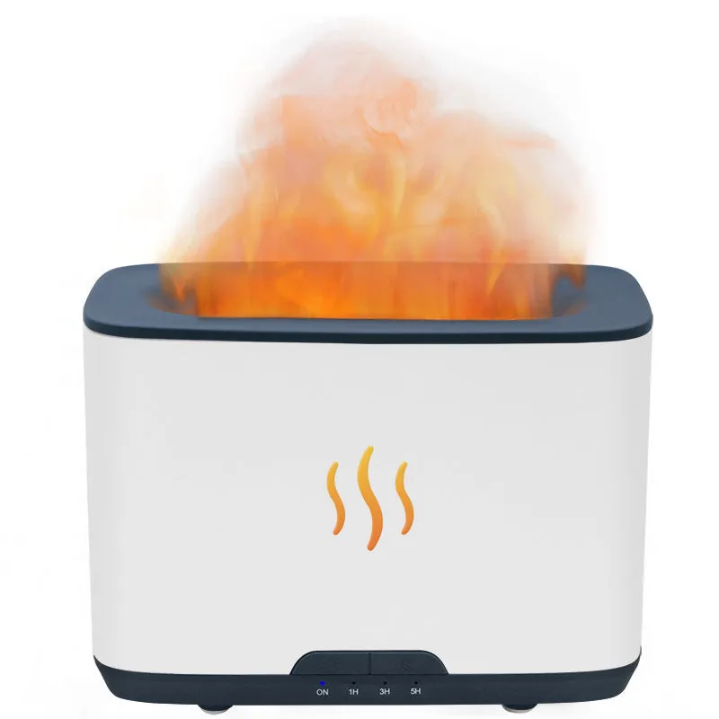 White simulated flame aromatherapy humidifier on desk with mist and soft glow