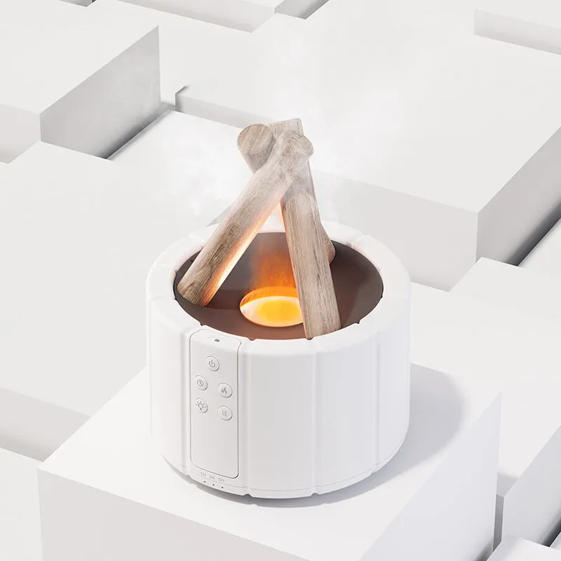 White simulated flame aromatherapy humidifier on desk with mist and soft glow