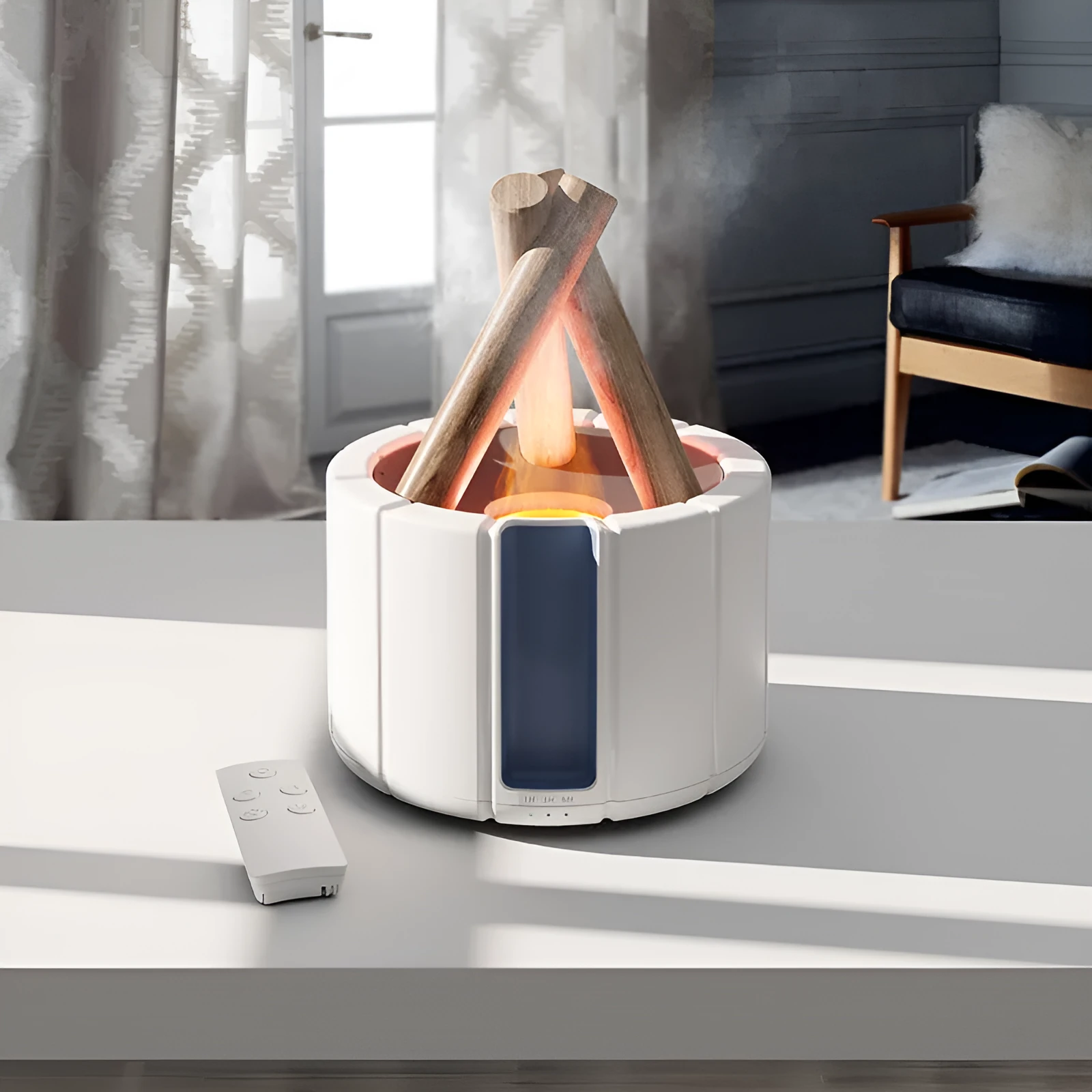 White simulated flame aromatherapy humidifier on desk with mist and soft glow