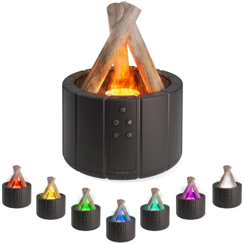 White simulated flame aromatherapy humidifier on desk with mist and soft glow