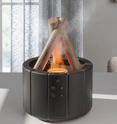 White simulated flame aromatherapy humidifier on desk with mist and soft glow