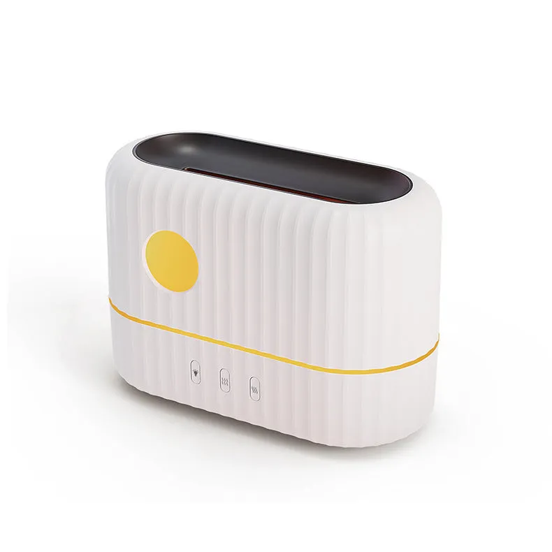 White simulated flame aromatherapy humidifier on desk with mist and soft glow