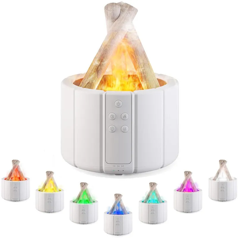 White simulated flame aromatherapy humidifier on desk with mist and soft glow