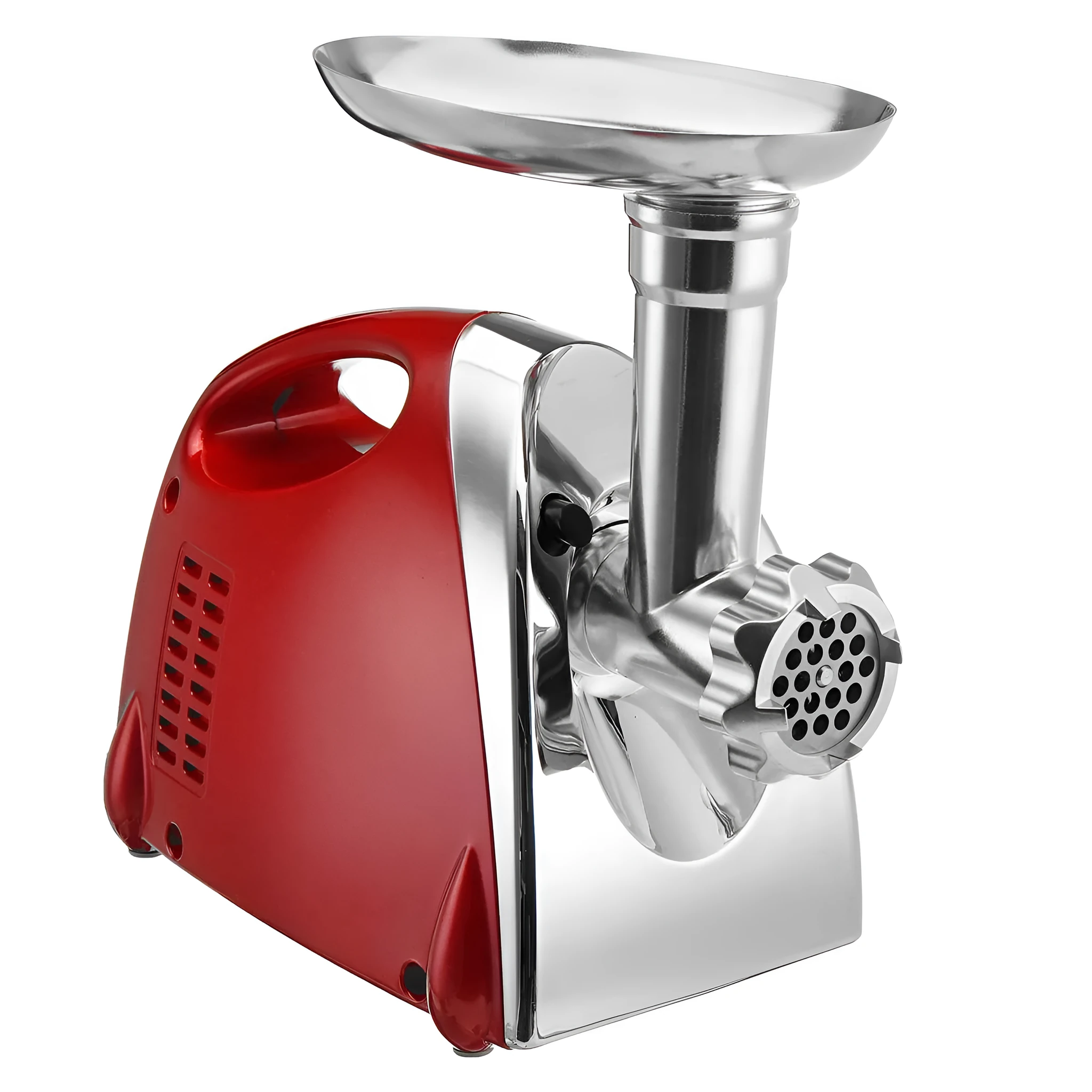 Red electric multifunctional meat grinder with 800W motor and 800g per minute speed, food-grade aluminium alloy and ABS plastic construction