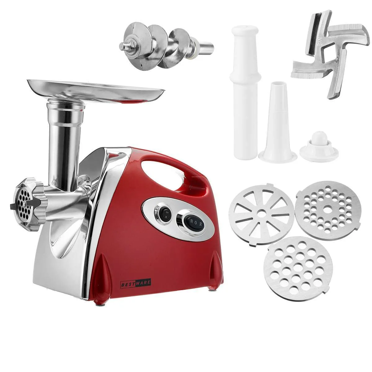 Red electric multifunctional meat grinder with 800W motor and 800g per minute speed, food-grade aluminium alloy and ABS plastic construction