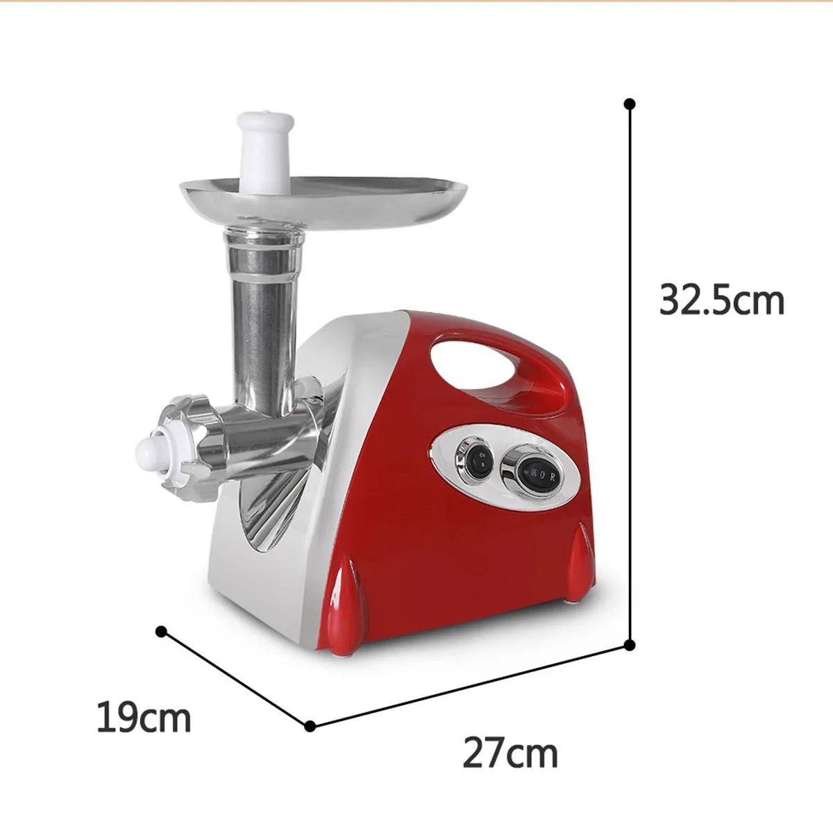 Red electric multifunctional meat grinder with 800W motor and 800g per minute speed, food-grade aluminium alloy and ABS plastic construction