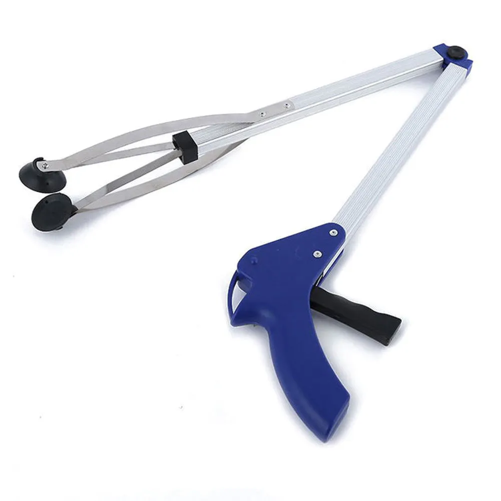 Aluminum alloy folding garbage clip with rubber chuck, extended to 81 cm, on a light background