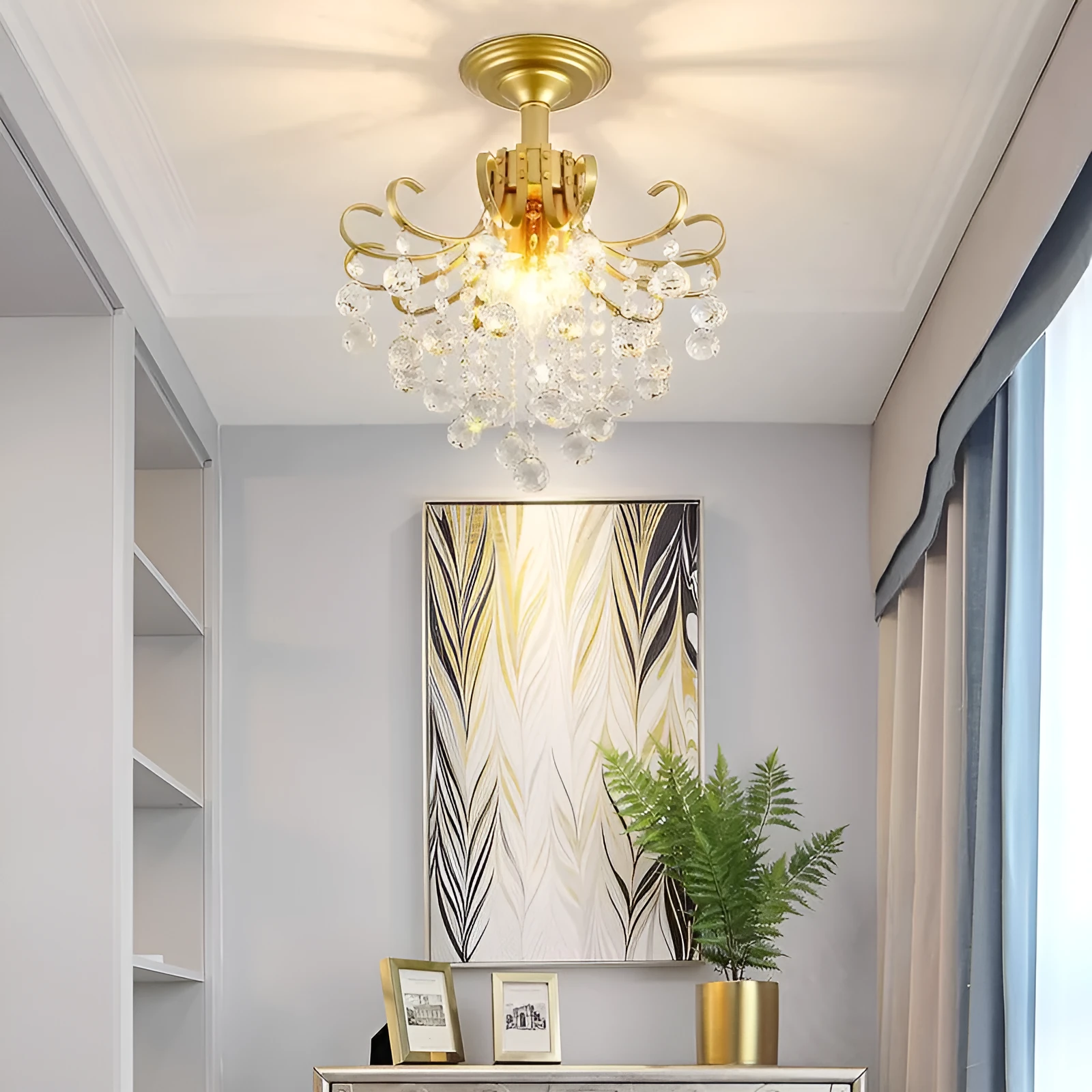 American simple glass chandelier, gold finish, diameter 33cm, height 40cm, iron body, LED light