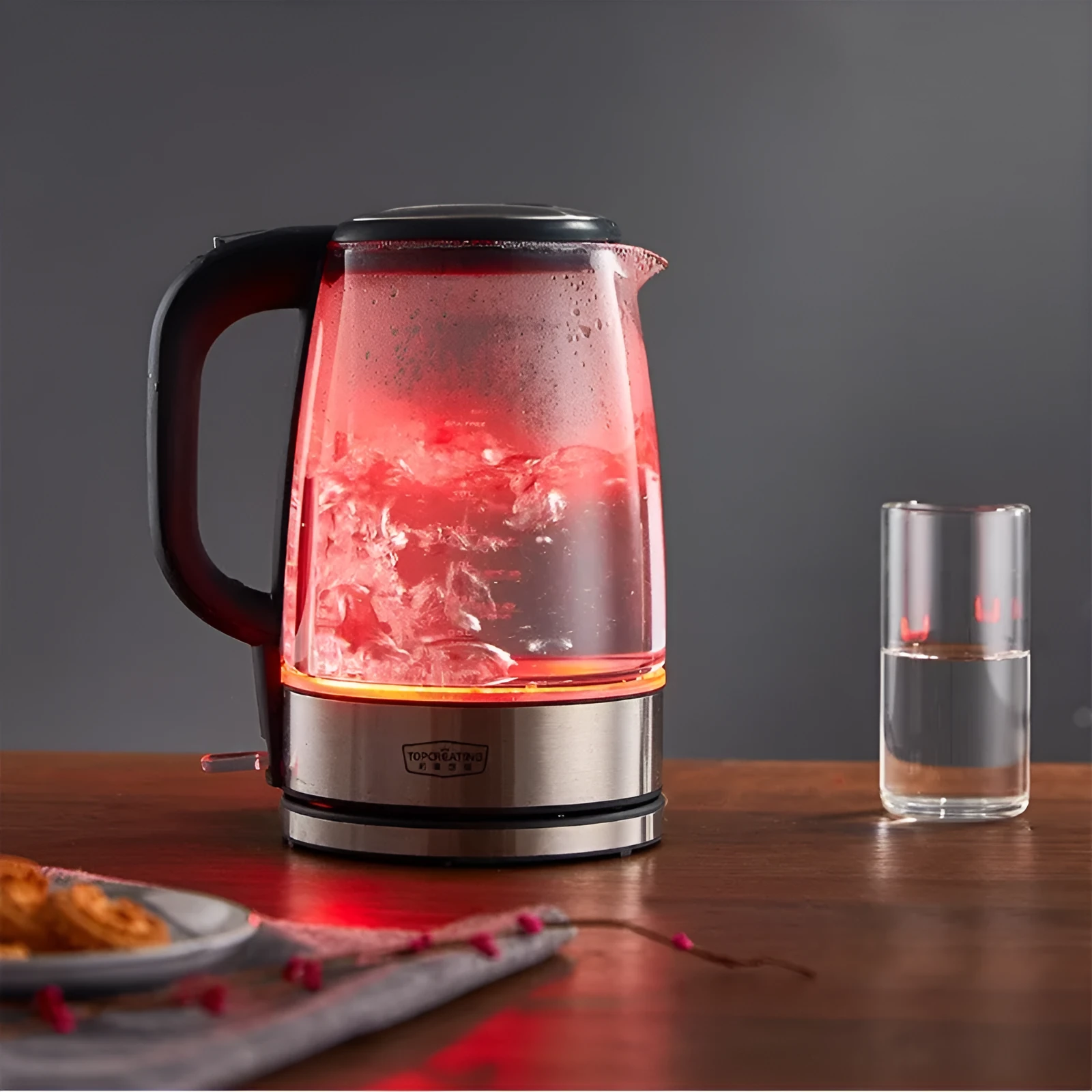 Transparent glass electric kettle with 1.7L capacity, scale window, black base and handle, and power cord on white background
