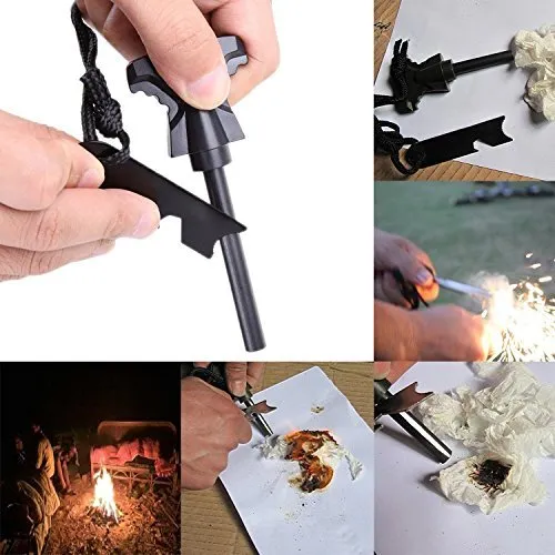 Black outdoor survival tool set box 168x105x48mm with rope fire stick compass whistle carabiner and fishing accessories