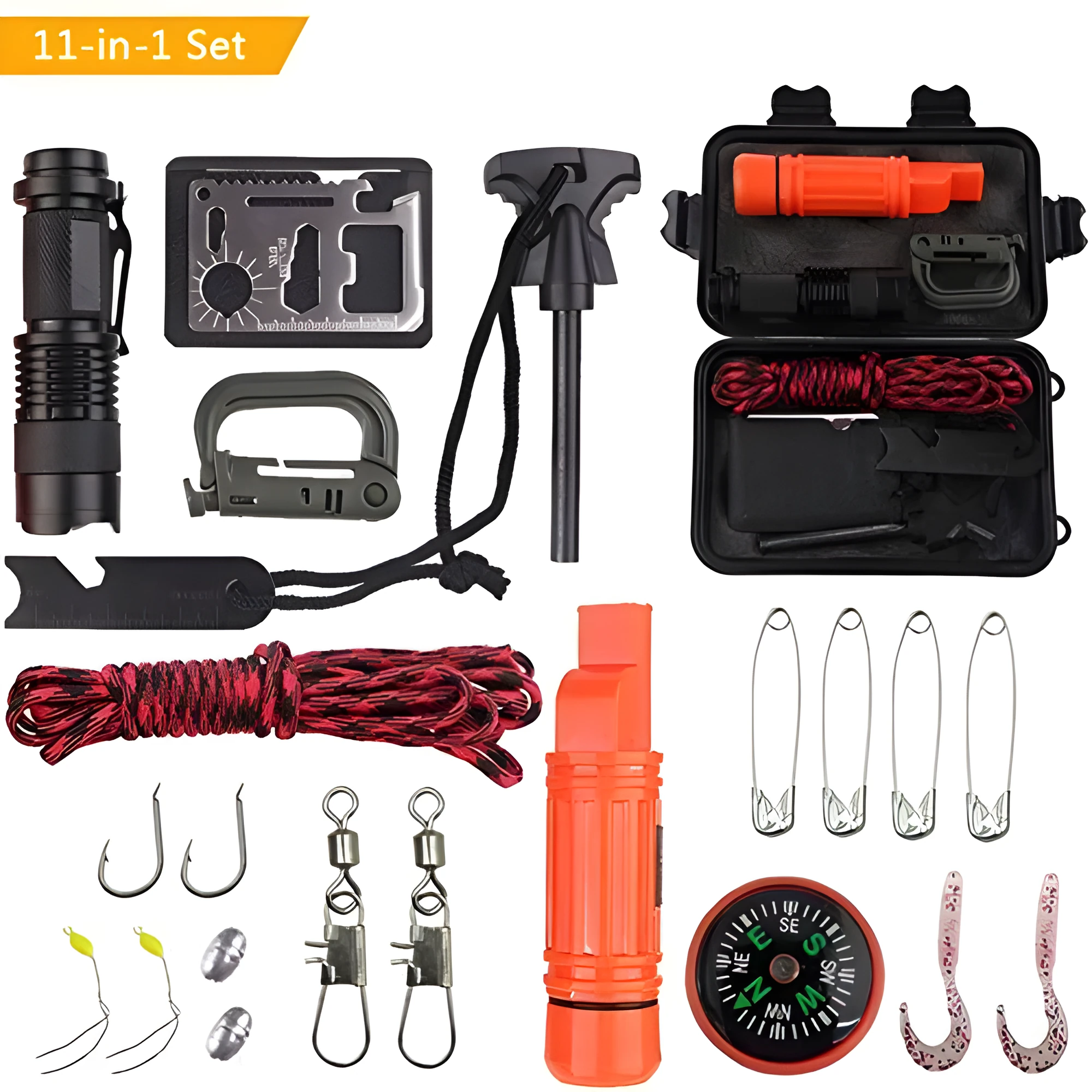 Black outdoor survival tool set box 168x105x48mm with rope fire stick compass whistle carabiner and fishing accessories