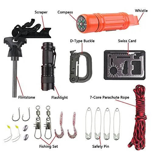 Black outdoor survival tool set box 168x105x48mm with rope fire stick compass whistle carabiner and fishing accessories