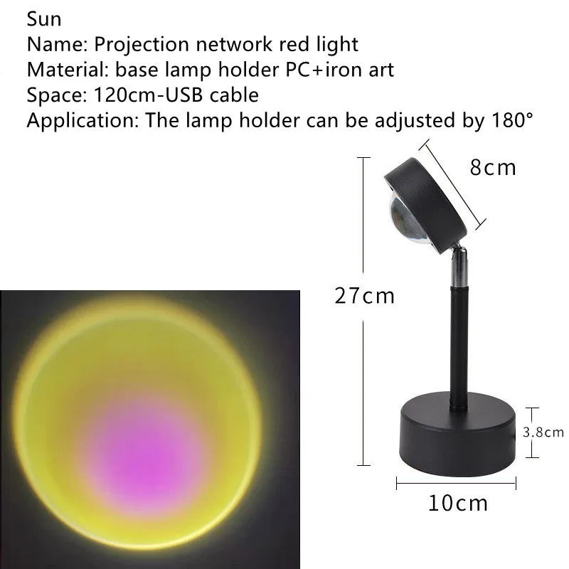 WiFi LED sunset projector light with 16 RGB colours, 360° rotation, glass lampshade, and touch switch