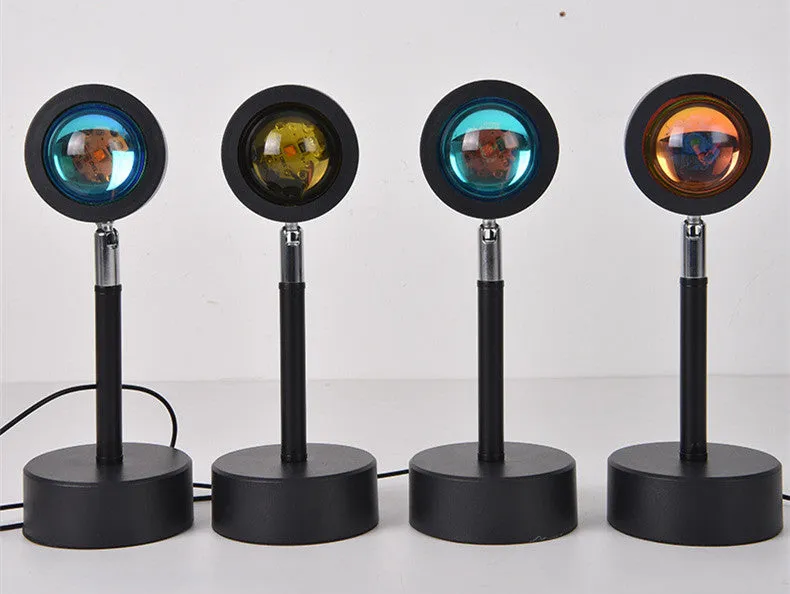 WiFi LED sunset projector light with 16 RGB colours, 360° rotation, glass lampshade, and touch switch