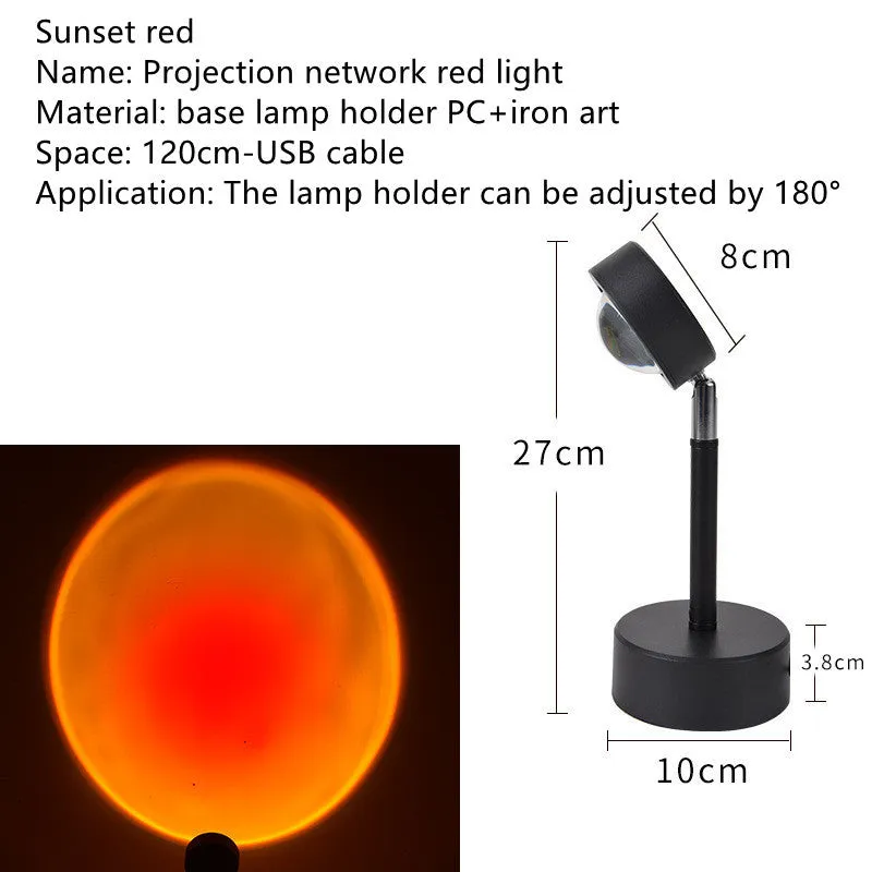 WiFi LED sunset projector light with 16 RGB colours, 360° rotation, glass lampshade, and touch switch