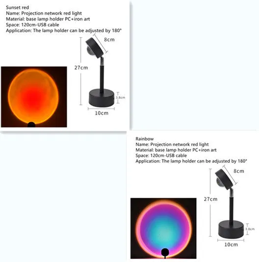 WiFi LED sunset projector light with 16 RGB colours, 360° rotation, glass lampshade, and touch switch